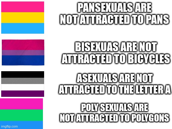 they are not | PANSEXUALS ARE NOT ATTRACTED TO PANS; BISEXUAS ARE NOT ATTRACTED TO BICYCLES; ASEXUALS ARE NOT ATTRACTED TO THE LETTER A; POLY SEXUALS ARE NOT ATTRACTED TO POLYGONS | image tagged in blank white template,lgbtq,funny | made w/ Imgflip meme maker