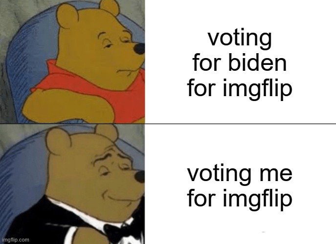 vote vote vote vtoe someomne | voting for biden for imgflip; voting me for imgflip | image tagged in memes,tuxedo winnie the pooh | made w/ Imgflip meme maker