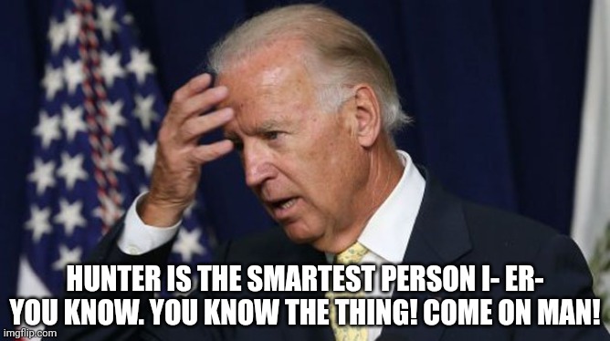 Joe Biden worries | HUNTER IS THE SMARTEST PERSON I- ER- YOU KNOW. YOU KNOW THE THING! COME ON MAN! | image tagged in joe biden worries | made w/ Imgflip meme maker