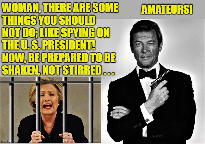 James Bond | WOMAN, THERE ARE SOME
THINGS YOU SHOULD
NOT DO; LIKE SPYING ON
THE U. S. PRESIDENT!  
NOW, BE PREPARED TO BE 
SHAKEN, NOT STIRRED . . . AMATEURS! | image tagged in hillary clinton,president trump,be prepared,james bond,amateurs,spying | made w/ Imgflip meme maker
