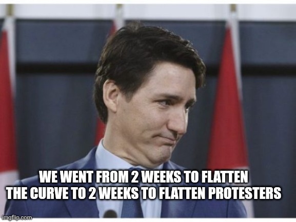 Justin trudeau | WE WENT FROM 2 WEEKS TO FLATTEN THE CURVE TO 2 WEEKS TO FLATTEN PROTESTERS | image tagged in justin trudeau | made w/ Imgflip meme maker