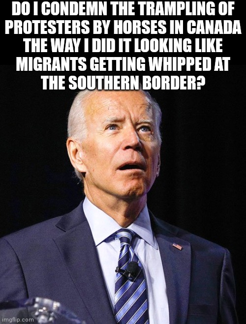 Decisions Decisions | DO I CONDEMN THE TRAMPLING OF
PROTESTERS BY HORSES IN CANADA
THE WAY I DID IT LOOKING LIKE
MIGRANTS GETTING WHIPPED AT
THE SOUTHERN BORDER? | image tagged in joe biden,canada,convoy of freedom,trucker,biden | made w/ Imgflip meme maker