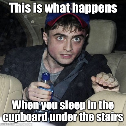 He would know | This is what happens; When you sleep in the cupboard under the stairs | image tagged in harry potter crazy,cupboard,harry potter,crazy | made w/ Imgflip meme maker