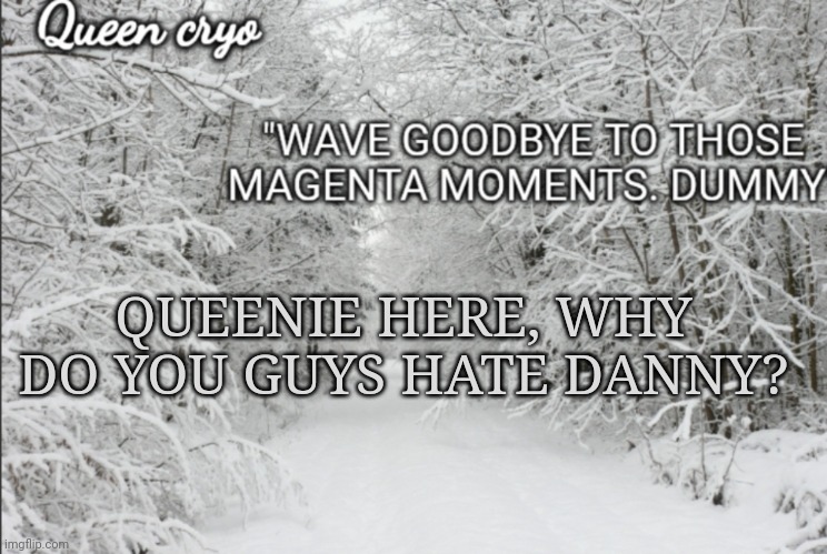 I don't get it | QUEENIE HERE, WHY DO YOU GUYS HATE DANNY? | image tagged in the snowy temp of queen cryo | made w/ Imgflip meme maker