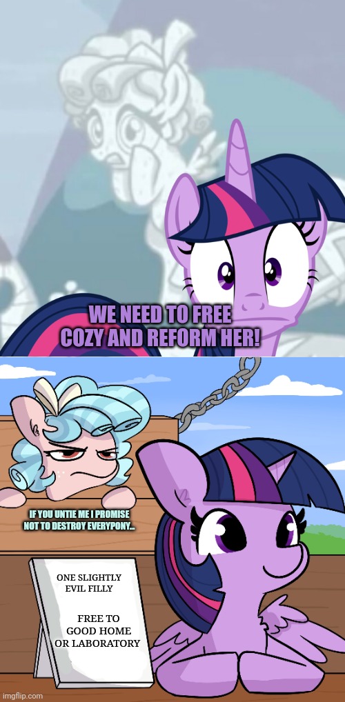 Cozy Glow | WE NEED TO FREE COZY AND REFORM HER! IF YOU UNTIE ME I PROMISE NOT TO DESTROY EVERYPONY... ONE SLIGHTLY EVIL FILLY; FREE TO GOOD HOME OR LABORATORY | image tagged in cozy glow,mlp,evil pony,twilight sparkle | made w/ Imgflip meme maker