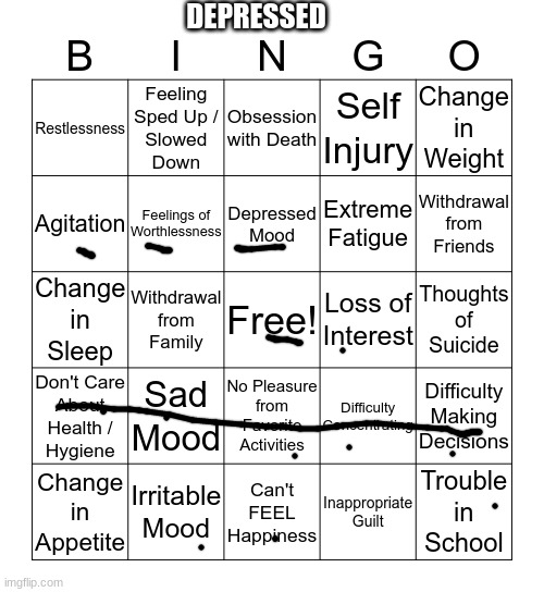 depression bingo 1 | DEPRESSED | image tagged in depression bingo 1 | made w/ Imgflip meme maker