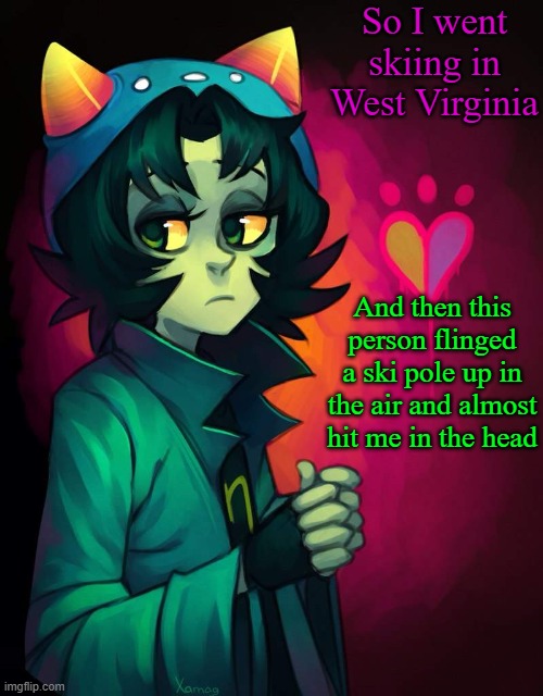 Luck was on my side ig | So I went skiing in West Virginia; And then this person flinged a ski pole up in the air and almost hit me in the head | image tagged in nepeta temp | made w/ Imgflip meme maker