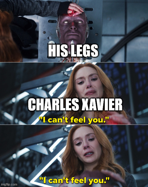 Wandavision I can't feel you | HIS LEGS; CHARLES XAVIER | image tagged in wandavision i can't feel you | made w/ Imgflip meme maker