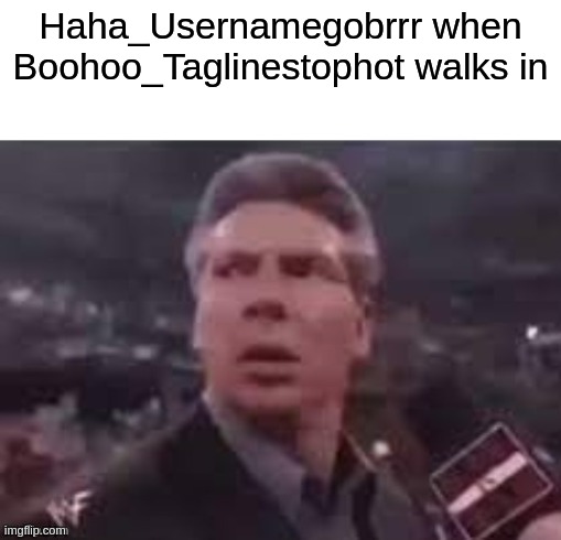 x when x walks in | Haha_Usernamegobrrr when Boohoo_Taglinestophot walks in | image tagged in x when x walks in | made w/ Imgflip meme maker
