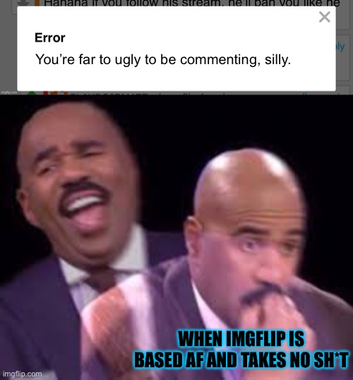 You’re far to ugly to be commenting, silly. WHEN IMGFLIP IS BASED AF AND TAKES NO SH*T | image tagged in steve harvy | made w/ Imgflip meme maker