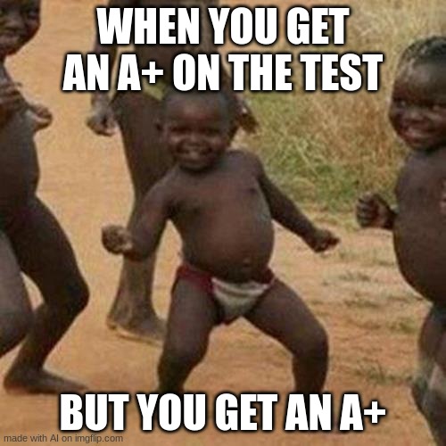 ai memes | WHEN YOU GET AN A+ ON THE TEST; BUT YOU GET AN A+ | image tagged in memes,third world success kid | made w/ Imgflip meme maker