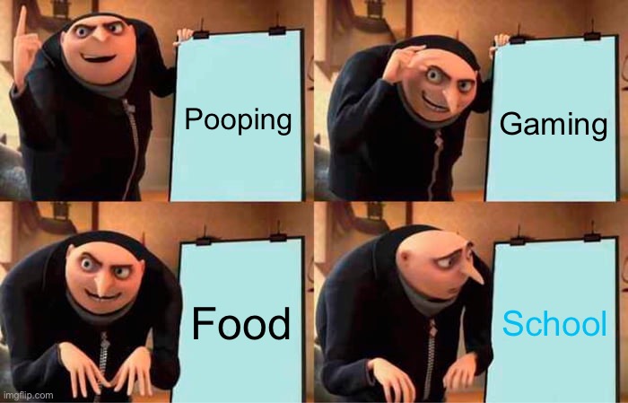 Sus | Pooping; Gaming; Food; School | image tagged in memes,gru's plan | made w/ Imgflip meme maker