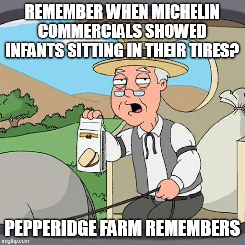 Because So Much is Riding in the Past | REMEMBER WHEN MICHELIN COMMERCIALS SHOWED INFANTS SITTING IN THEIR TIRES? PEPPERIDGE FARM REMEMBERS | image tagged in memes,pepperidge farm remembers,meme,humor | made w/ Imgflip meme maker