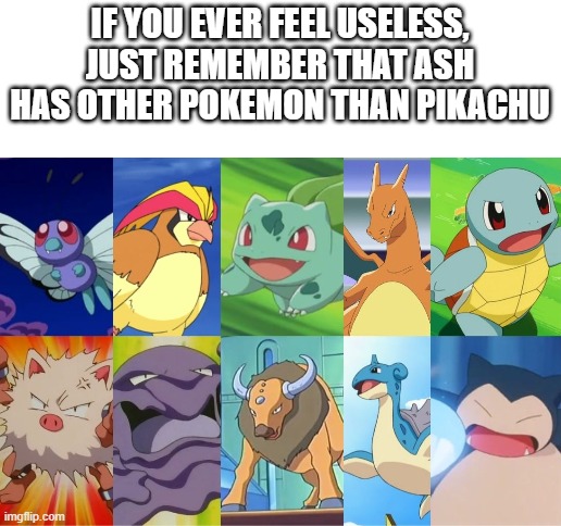 Seriously, his other Pokemon are useless | IF YOU EVER FEEL USELESS, JUST REMEMBER THAT ASH HAS OTHER POKEMON THAN PIKACHU | image tagged in blank white template,memes,useless,pokemon,if you ever feel useless,why are you reading this | made w/ Imgflip meme maker