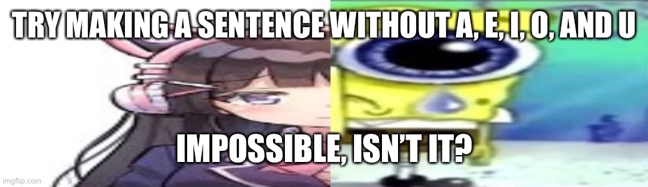 lol | TRY MAKING A SENTENCE WITHOUT A, E, I, O, AND U; IMPOSSIBLE, ISN’T IT? | image tagged in lol | made w/ Imgflip meme maker