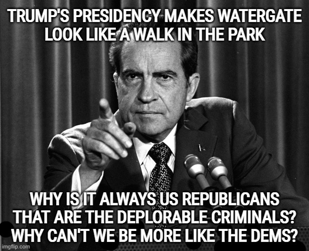 DEPLORABLE CRIMINALS | TRUMP'S PRESIDENCY MAKES WATERGATE
LOOK LIKE A WALK IN THE PARK; WHY IS IT ALWAYS US REPUBLICANS THAT ARE THE DEPLORABLE CRIMINALS? WHY CAN'T WE BE MORE LIKE THE DEMS? | image tagged in nixon,trump,deplorables,stupid criminals,criminal minds,flushgate | made w/ Imgflip meme maker