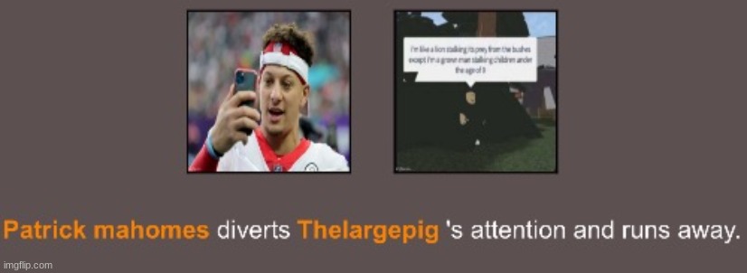 Patrick Mahomes diverts TheLargePig's attention | image tagged in patrick mahomes diverts thelargepig's attention | made w/ Imgflip meme maker