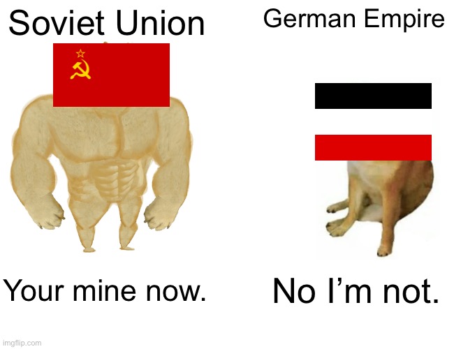 When Soviet Union takes German empire: | Soviet Union; German Empire; Your mine now. No I’m not. | image tagged in memes,buff doge vs cheems | made w/ Imgflip meme maker
