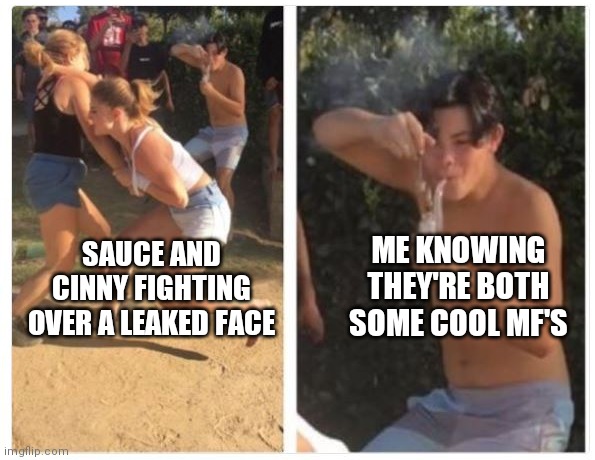 2 girls fight guy dabbing | ME KNOWING THEY'RE BOTH SOME COOL MF'S; SAUCE AND CINNY FIGHTING OVER A LEAKED FACE | image tagged in 2 girls fight guy dabbing | made w/ Imgflip meme maker