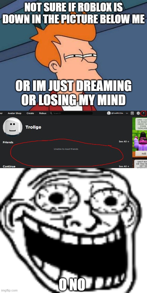 NOT SURE IF ROBLOX IS DOWN IN THE PICTURE BELOW ME; OR IM JUST DREAMING OR LOSING MY MIND; O NO | image tagged in memes,futurama fry,trollge,funny,roblox,roblox meme | made w/ Imgflip meme maker