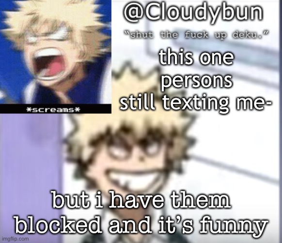 Bakuhoe | this one persons still texting me-; but i have them blocked and it’s funny | image tagged in bakuhoe | made w/ Imgflip meme maker