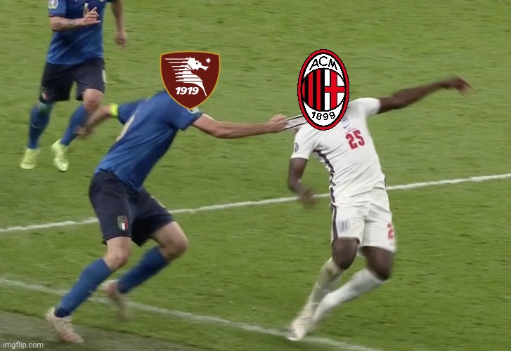 Salernitana 2-2 Milan. What a Surprise! Inter could return into the 1st place if they win vs Sassuolo after Milan's semi-defeat! | image tagged in chiellini sako,salernitana,ac milan,serie a,calcio,memes | made w/ Imgflip meme maker