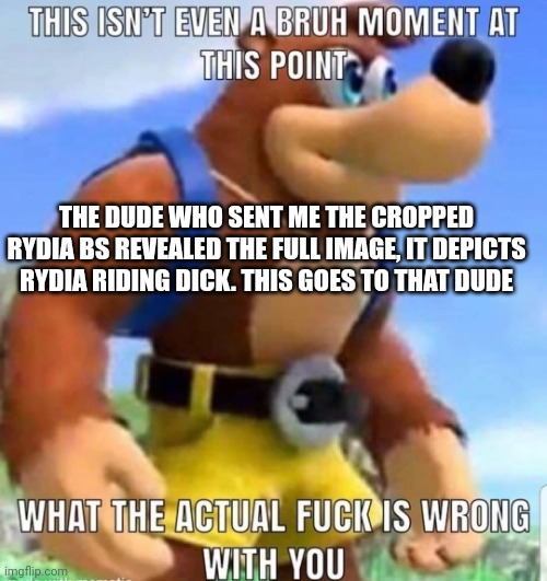 this isn't even a bruh moment at this point | THE DUDE WHO SENT ME THE CROPPED RYDIA BS REVEALED THE FULL IMAGE, IT DEPICTS RYDIA RIDING DICK. THIS GOES TO THAT DUDE | image tagged in this isn't even a bruh moment at this point | made w/ Imgflip meme maker