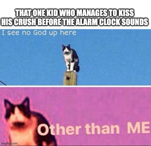 The miracle | THAT ONE KID WHO MANAGES TO KISS HIS CRUSH BEFORE THE ALARM CLOCK SOUNDS | image tagged in no god other than me cat,memes,impossible,cats | made w/ Imgflip meme maker