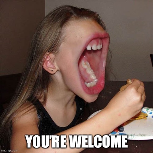 Big mouth girl | YOU’RE WELCOME | image tagged in big mouth girl | made w/ Imgflip meme maker