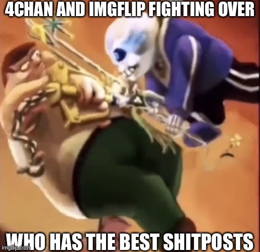 PETER NOO | 4CHAN AND IMGFLIP FIGHTING OVER; WHO HAS THE BEST SHITPOSTS | image tagged in peter and sans fighting | made w/ Imgflip meme maker