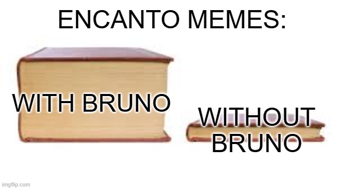 They are using Bruno too much | ENCANTO MEMES:; WITHOUT BRUNO; WITH BRUNO | image tagged in big book small book,encanto,we don't talk about bruno | made w/ Imgflip meme maker