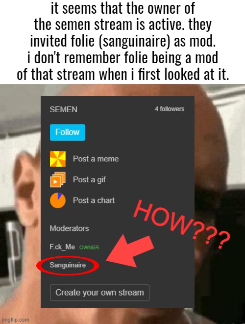 opinions? | it seems that the owner of the semen stream is active. they invited folie (sanguinaire) as mod. i don't remember folie being a mod of that stream when i first looked at it. HOW??? | made w/ Imgflip meme maker