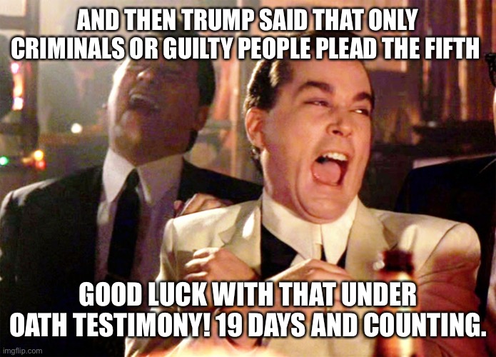 Good Fellas Hilarious | AND THEN TRUMP SAID THAT ONLY CRIMINALS OR GUILTY PEOPLE PLEAD THE FIFTH; GOOD LUCK WITH THAT UNDER OATH TESTIMONY! 19 DAYS AND COUNTING. | image tagged in memes,good fellas hilarious | made w/ Imgflip meme maker