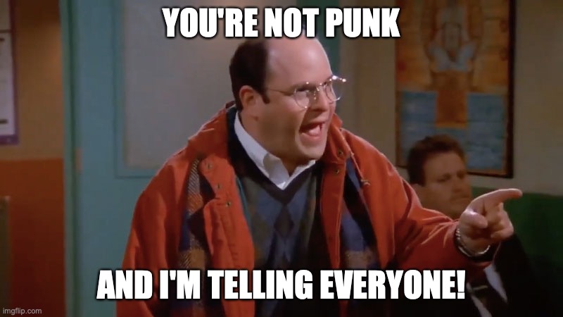 George Who's Punk |  YOU'RE NOT PUNK; AND I'M TELLING EVERYONE! | image tagged in seinfeld,george,jawbreaker | made w/ Imgflip meme maker