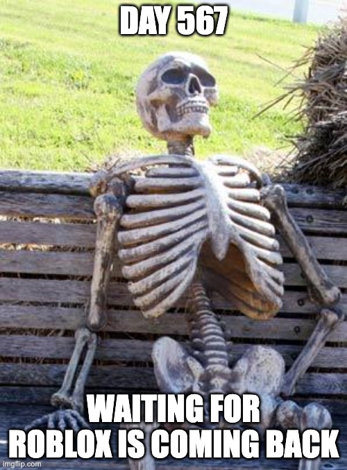 RobloxDown | DAY 567; WAITING FOR ROBLOX IS COMING BACK | image tagged in memes,waiting skeleton | made w/ Imgflip meme maker