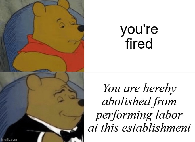 wait, i am? |  you're fired; You are hereby abolished from performing labor at this establishment | image tagged in memes,tuxedo winnie the pooh,you're fired,fired,oh wow are you actually reading these tags | made w/ Imgflip meme maker