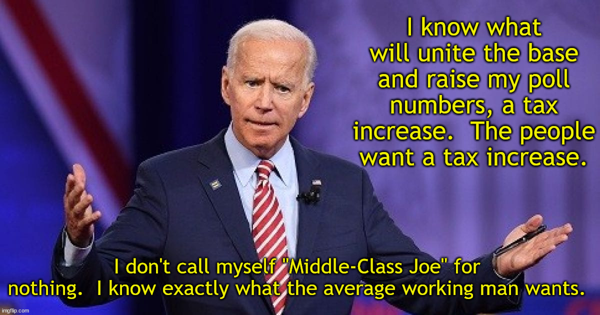I don't think he has said anything yet but it's just a matter of time.  Dems love taxation. | I know what will unite the base and raise my poll numbers, a tax increase.  The people want a tax increase. I don't call myself "Middle-Class Joe" for nothing.  I know exactly what the average working man wants. | image tagged in taxation is theft,democrats love taxation | made w/ Imgflip meme maker