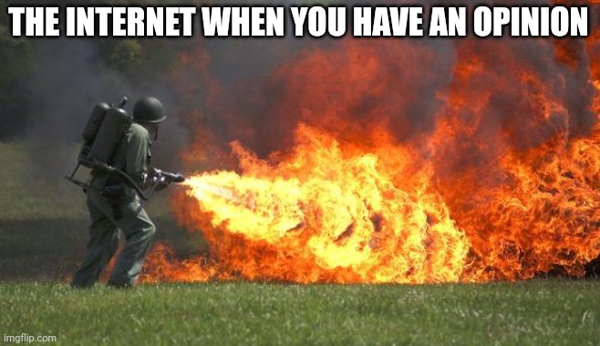 flamethrower | THE INTERNET WHEN YOU HAVE AN OPINION | image tagged in flamethrower | made w/ Imgflip meme maker