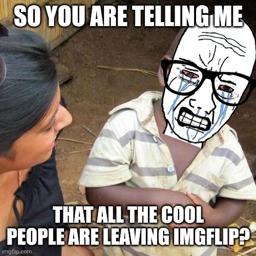 Don't leave guys... | SO YOU ARE TELLING ME; THAT ALL THE COOL PEOPLE ARE LEAVING IMGFLIP? | image tagged in memes,third world skeptical kid | made w/ Imgflip meme maker