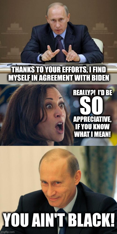 She makes "Team America: World Police" look like serious diplomacy | THANKS TO YOUR EFFORTS, I FIND
MYSELF IN AGREEMENT WITH BIDEN; REALLY?!  I'D BE; SO; APPRECIATIVE, IF YOU KNOW
WHAT I MEAN! YOU AIN'T BLACK! | image tagged in memes,vladimir putin,kamala harriss,vladimir putin smiling,you ain't black,ukraine | made w/ Imgflip meme maker