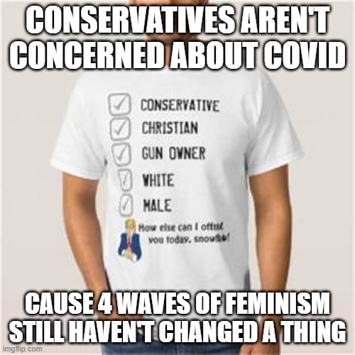 Explanation | CONSERVATIVES AREN'T CONCERNED ABOUT COVID; CAUSE 4 WAVES OF FEMINISM STILL HAVEN'T CHANGED A THING | image tagged in proud conservative values man | made w/ Imgflip meme maker