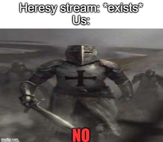 Crusader looking at you saying NO | Heresy stream: *exists*
Us: | image tagged in crusader looking at you saying no | made w/ Imgflip meme maker