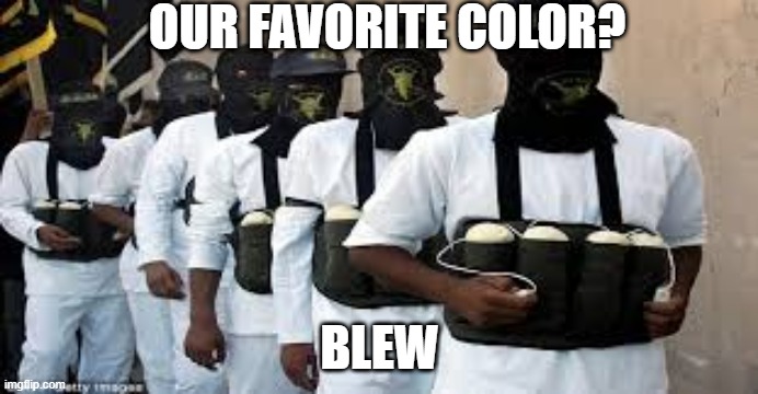 One Would think Red | OUR FAVORITE COLOR? BLEW | image tagged in suicide bombers | made w/ Imgflip meme maker