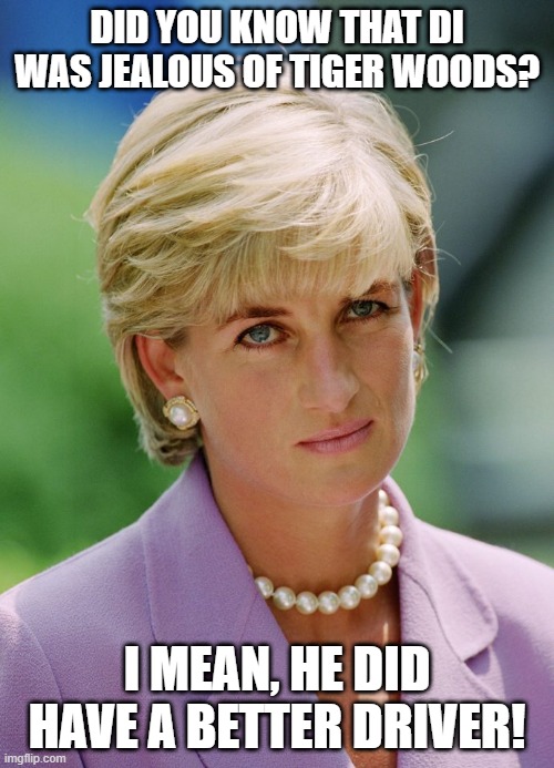 Straight | DID YOU KNOW THAT DI WAS JEALOUS OF TIGER WOODS? I MEAN, HE DID HAVE A BETTER DRIVER! | image tagged in unimpressed diana | made w/ Imgflip meme maker