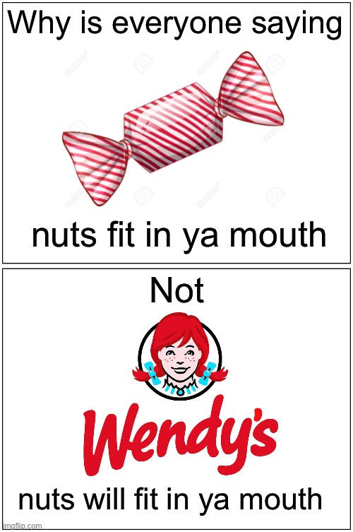 Wendy’s nu.. |  Why is everyone saying; nuts fit in ya mouth; Not; nuts will fit in ya mouth | image tagged in memes,blank comic panel 1x2,jokes,funny,so true memes | made w/ Imgflip meme maker