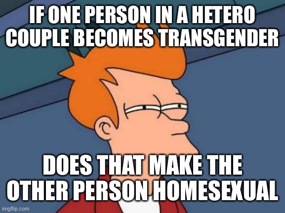 Futurama Fry | IF ONE PERSON IN A HETERO COUPLE BECOMES TRANSGENDER; DOES THAT MAKE THE OTHER PERSON HOMESEXUAL | image tagged in memes,futurama fry | made w/ Imgflip meme maker