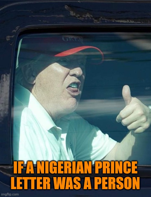 Trump thumb up | IF A NIGERIAN PRINCE LETTER WAS A PERSON | image tagged in trump thumb up | made w/ Imgflip meme maker