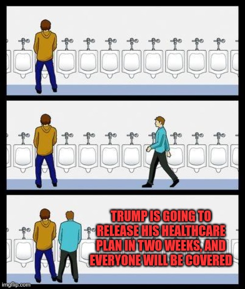 Trumpcare is coming | TRUMP IS GOING TO RELEASE HIS HEALTHCARE PLAN IN TWO WEEKS, AND EVERYONE WILL BE COVERED | image tagged in urinal guy | made w/ Imgflip meme maker