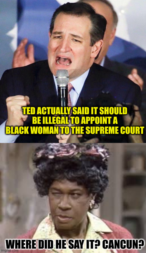 Sure republicans, you're not racists despite all the racism you wallow in | TED ACTUALLY SAID IT SHOULD BE ILLEGAL TO APPOINT A BLACK WOMAN TO THE SUPREME COURT; WHERE DID HE SAY IT? CANCUN? | image tagged in ted cruz singing,aunt esther | made w/ Imgflip meme maker