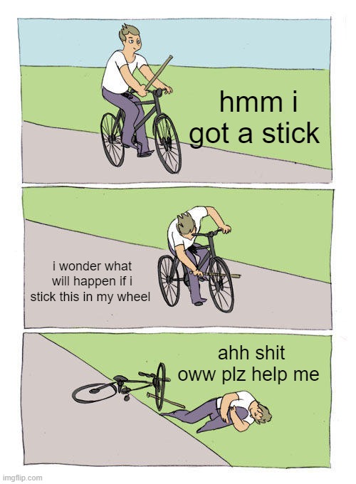 Bike Fall Meme | hmm i got a stick; i wonder what will happen if i stick this in my wheel; ahh shit oww plz help me | image tagged in memes,bike fall | made w/ Imgflip meme maker